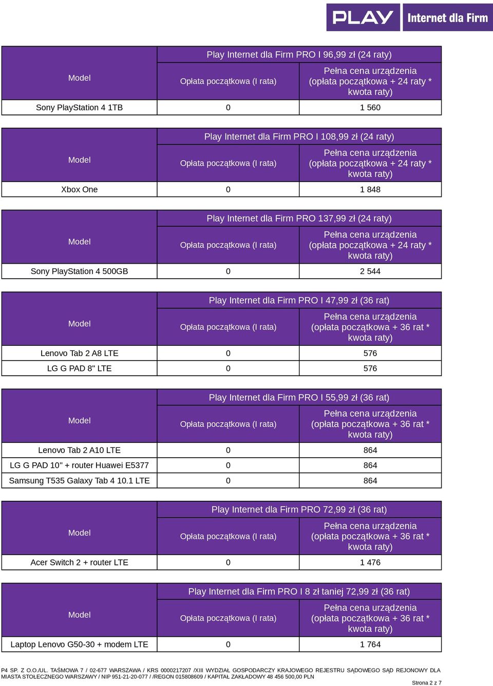 Internet dla Firm PRO I 55,99 zł (36 rat) Lenovo Tab 2 A10 LTE 0 864 LG G PAD 10" + router Huawei E5377 0 864 Samsung T535 Galaxy Tab 4 10.