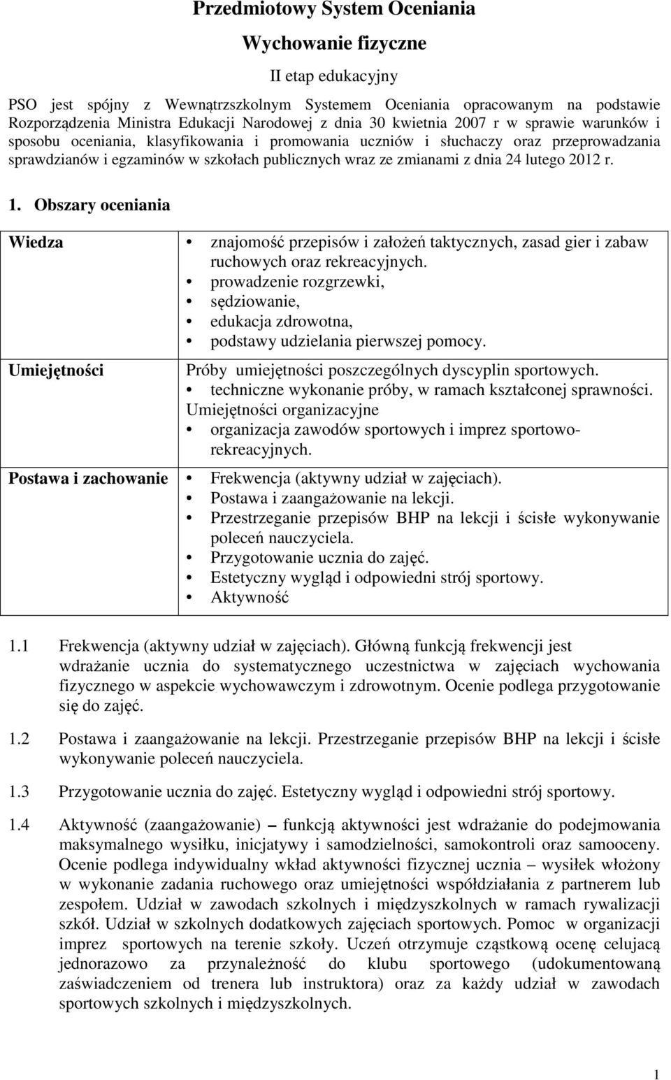 24 lutego 2012 r. 1. Obszary oceniania Wiedza znajomość przepisów i założeń taktycznych, zasad gier i zabaw ruchowych oraz rekreacyjnych.