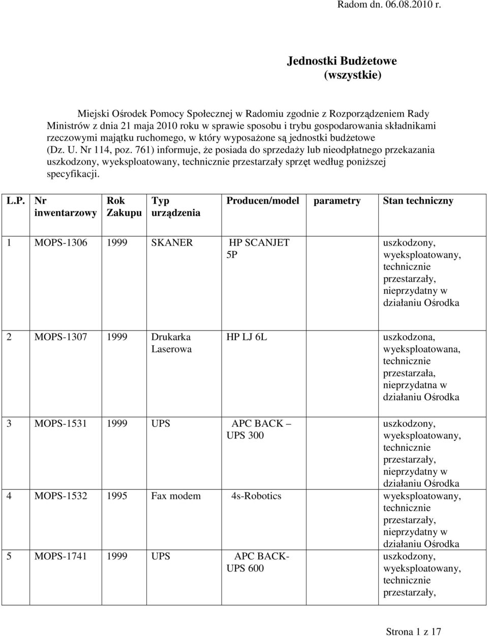 składnikami rzeczowymi majątku ruchomego, w który wyposaŝone są jednostki budŝetowe (Dz. U. Nr 114, poz.