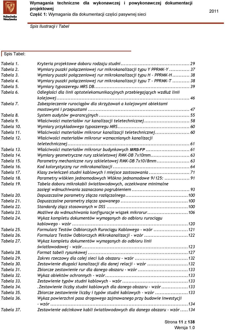 .. 39 Tabela 6. Odległości dla linii optotelekomunikacyjnych przebiegających wzdłuż linii kolejowej... 46 Tabela 7.