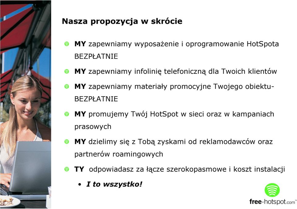 BEZPŁATNIE MY promujemy Twój HotSpot w sieci oraz w kampaniach prasowych MY dzielimy się z Tobą zyskami