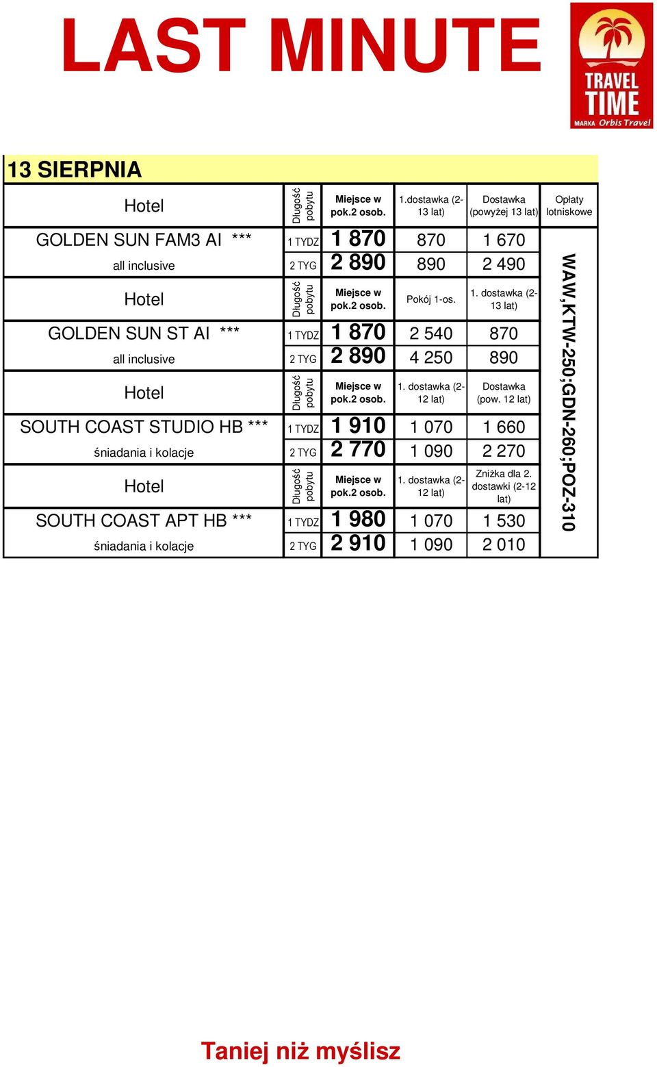 GOLDEN SUN ST AI *** 1 TYDZ 1 870 2 540 870 all inclusive 2 TYG 2 890 4 250 890 (pow.