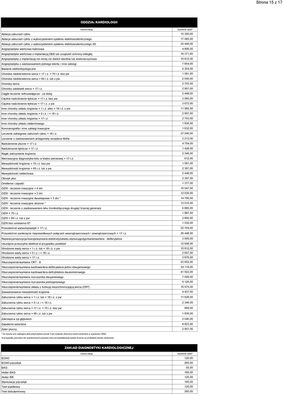 dwóch stentów lub wielonaczyniowa 10 812,00 Angioplastyka z zastosowaniem jednego stentu i inne zabiegi 7 854,00 Badanie elektrofizjologiczne 5 304,00 Choroba niedokrwienna serca > 17 r.ż.