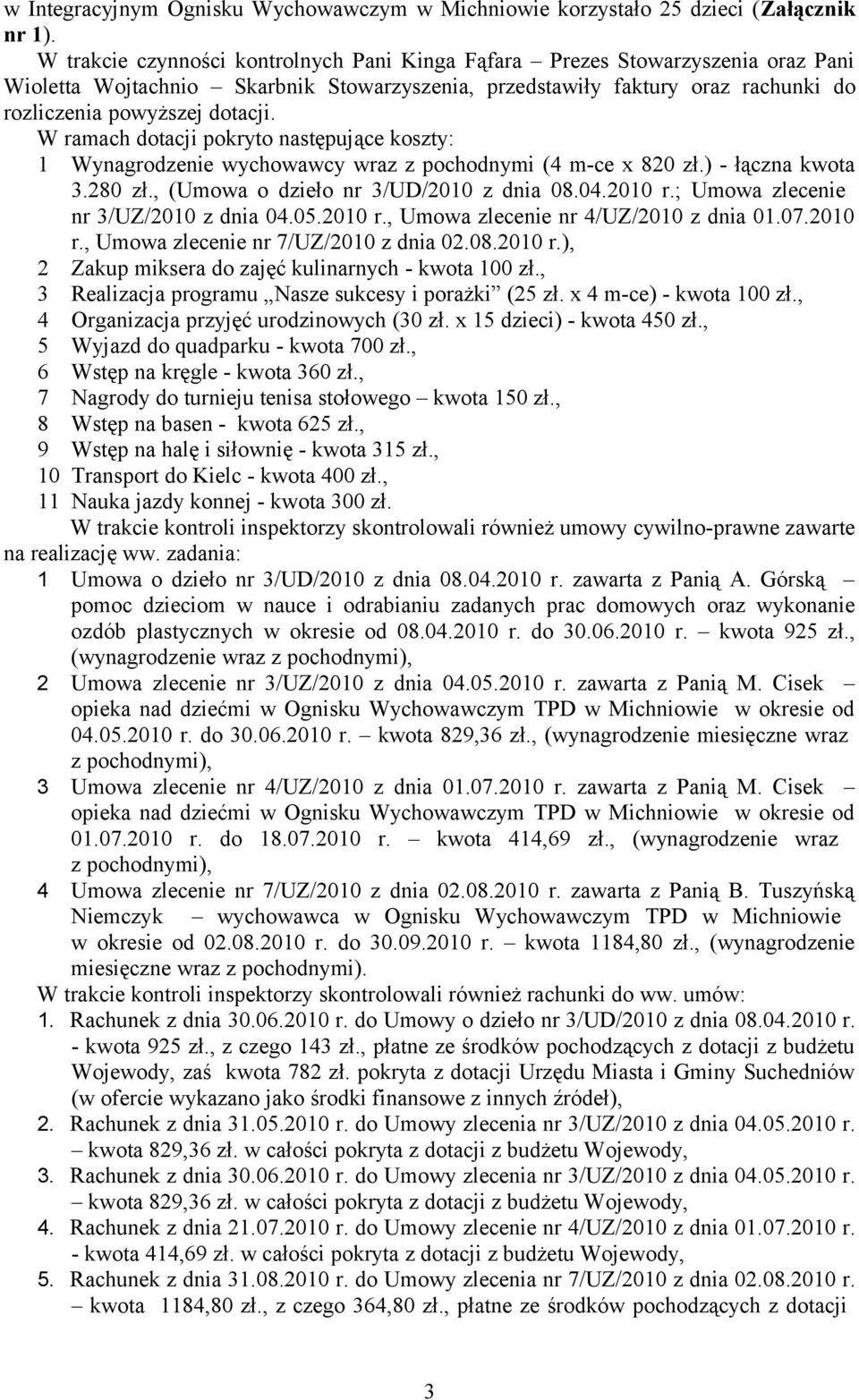 W ramach dotacji pokryto następujące koszty: 1 Wynagrodzenie wychowawcy wraz z pochodnymi (4 m-ce x 820 zł.) - łączna kwota 3.280 zł., (Umowa o dzieło nr 3/UD/2010 z dnia 08.04.2010 r.