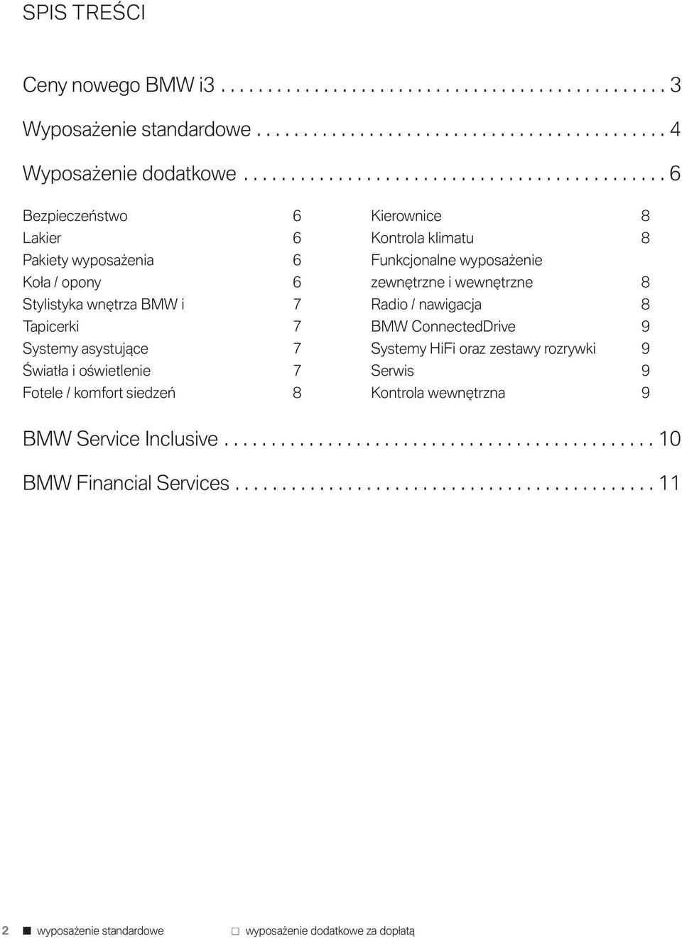 Fotele / komfort siedzeń 8 Kierownice 8 Kontrola klimatu 8 Funkcjonalne wyposażenie zewnętrzne i wewnętrzne 8 Radio / nawigacja 8 BMW ConnectedDrive 9 Systemy HiFi oraz zestawy rozrywki 9 Serwis 9