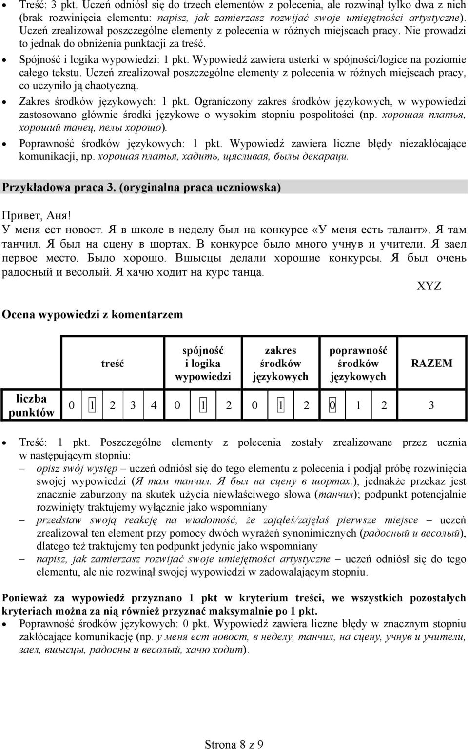 Wypowiedź zawiera usterki w spójności/logice na poziomie całego tekstu. Uczeń zrealizował poszczególne elementy z polecenia w różnych miejscach pracy, co uczyniło ją chaotyczną. Zakres : 1 pkt.