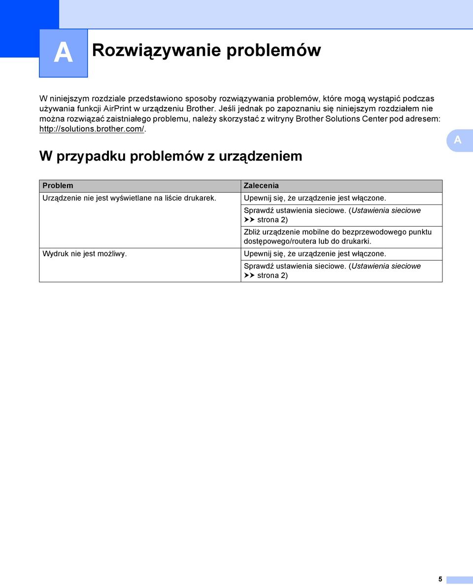 W przypadku problemów z urządzeniem Problem Urządzenie nie jest wyświetlane na liście drukarek. Wydruk nie jest możliwy. Zalecenia Upewnij się, że urządzenie jest włączone.