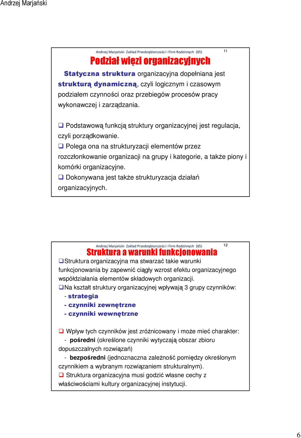 Polega ona na strukturyzacji elementów przez rozczłonkowanie organizacji na grupy i kategorie, a także piony i komórki organizacyjne. Dokonywana jest także strukturyzacja działań organizacyjnych.