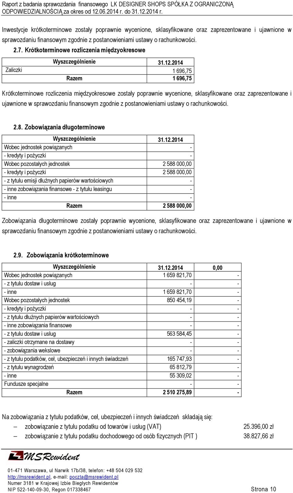 2014 Zaliczki 1 696,75 Razem 1 696,75 Krótkoterminowe rozliczenia międzyokresowe zostały poprawnie wycenione, sklasyfikowane oraz zaprezentowane i ujawnione w sprawozdaniu finansowym zgodnie z