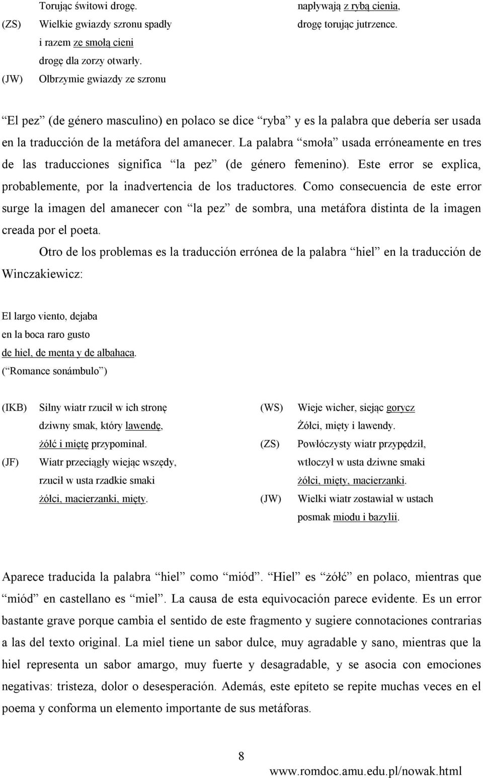 La palabra smoła usada erróneamente en tres de las traducciones significa la pez (de género femenino). Este error se explica, probablemente, por la inadvertencia de los traductores.