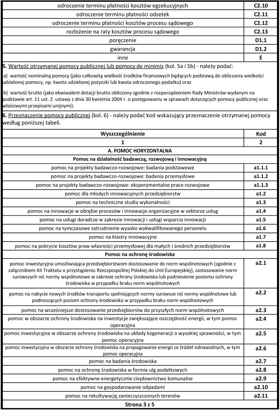 5a i 5b) - należy podać: a) wartość nominalną pomocy (jako całkowitą wielkość środków finansowych będących podstawą do obliczania wielkości udzielonej pomocy, np.