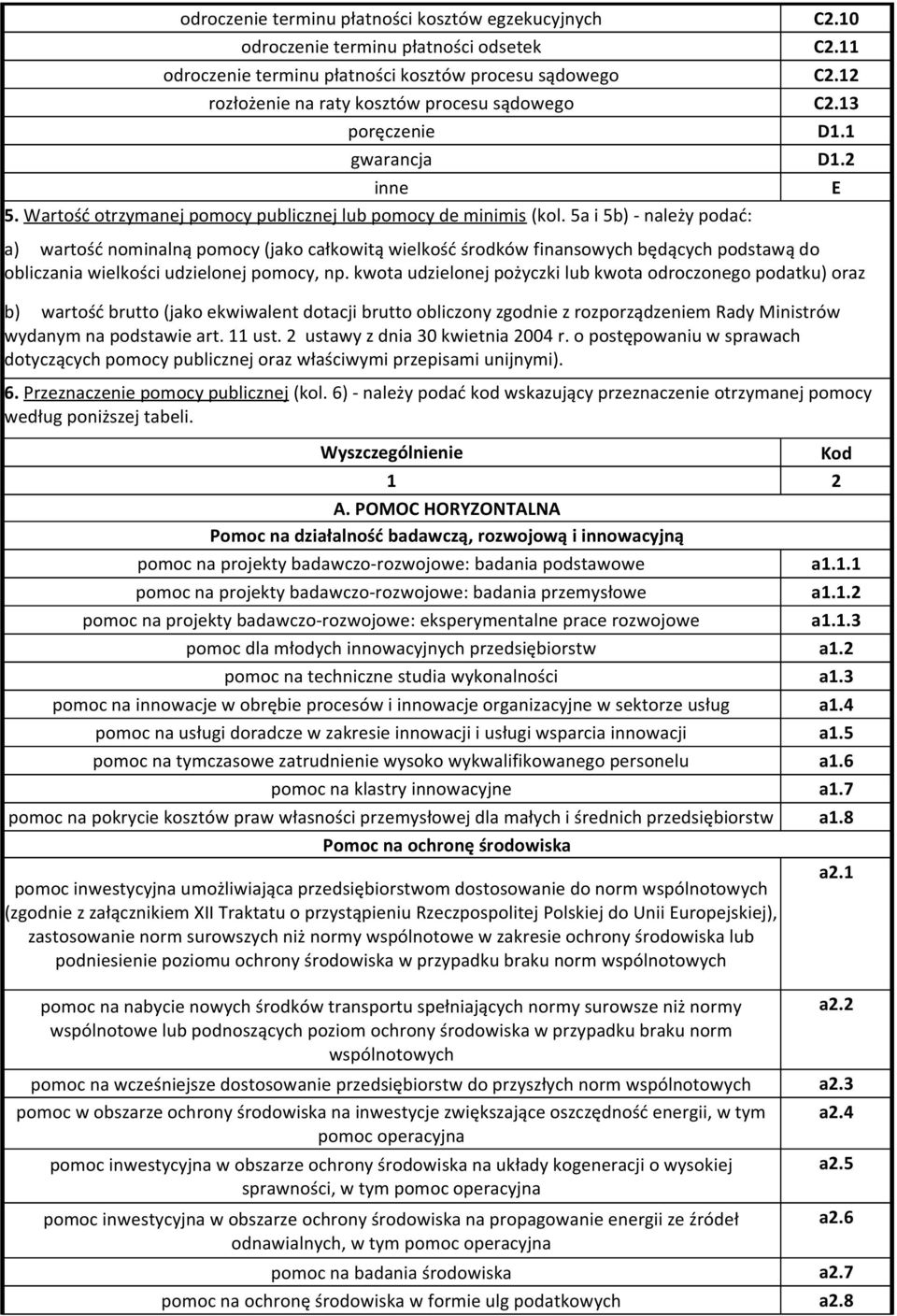 5a i 5b) - należy podać: a) wartość nominalną pomocy (jako całkowitą wielkość środków finansowych będących podstawą do obliczania wielkości udzielonej pomocy, np.