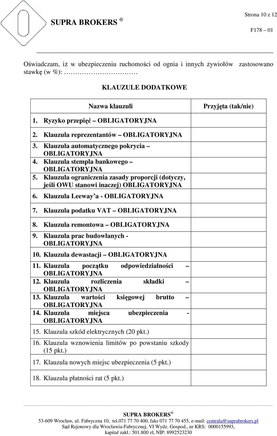 Klauzula podatku VAT 8. Klauzula remontowa 9. Klauzula prac budowlanych - 10. Klauzula dewastacji 11. Klauzula początku odpowiedzialności 12. Klauzula rozliczenia składki 13.