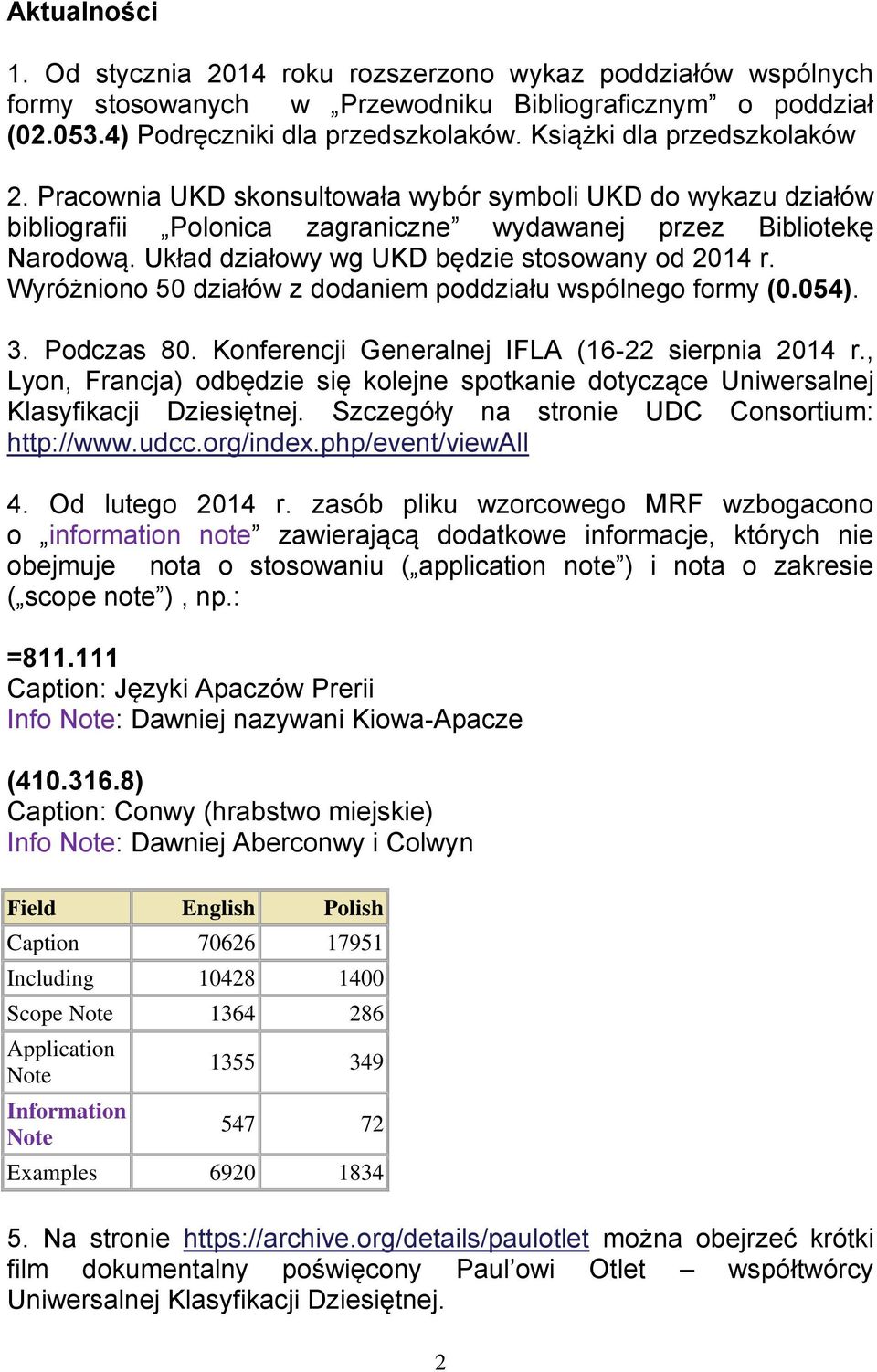 Układ działowy wg UKD będzie stosowany od 2014 r. Wyróżniono 50 działów z dodaniem poddziału wspólnego formy (0.054). 3. Podczas 80. Konferencji Generalnej IFLA (16-22 sierpnia 2014 r.