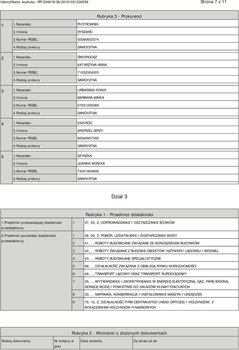 Rodzaj prokury SAMOISTNA 5 1.Nazwisko SZYSZKA JOANNA MONIKA 3.Numer PESEL 74021804606 4.Rodzaj prokury SAMOISTNA Dział 3 Rubryka 1 - Przedmiot działalności 1.