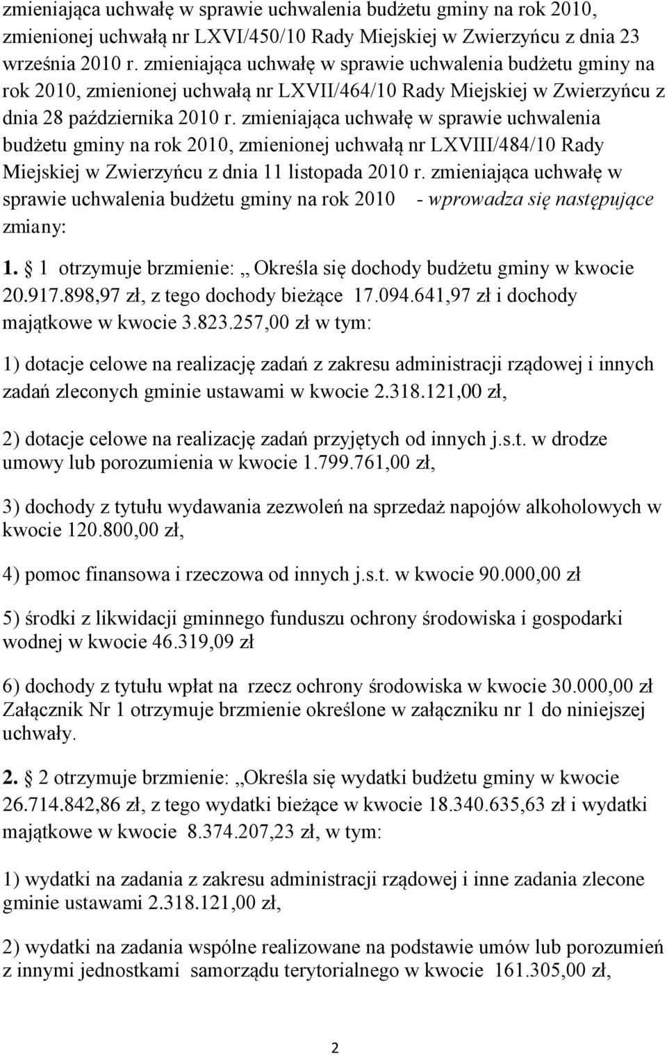 zmieniająca uchwałę w sprawie uchwalenia budżetu gminy na rok 2010, zmienionej uchwałą nr LXVIII/484/10 Rady Miejskiej w Zwierzyńcu z dnia 11 listopada 2010 r.
