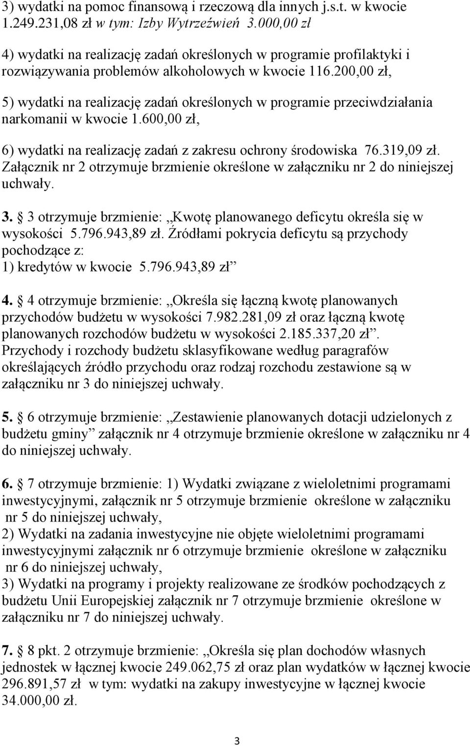 200,00 zł, 5) wydatki na realizację zadań określonych w programie przeciwdziałania narkomanii w kwocie 1.600,00 zł, 6) wydatki na realizację zadań z zakresu ochrony środowiska 76.319,09 zł.