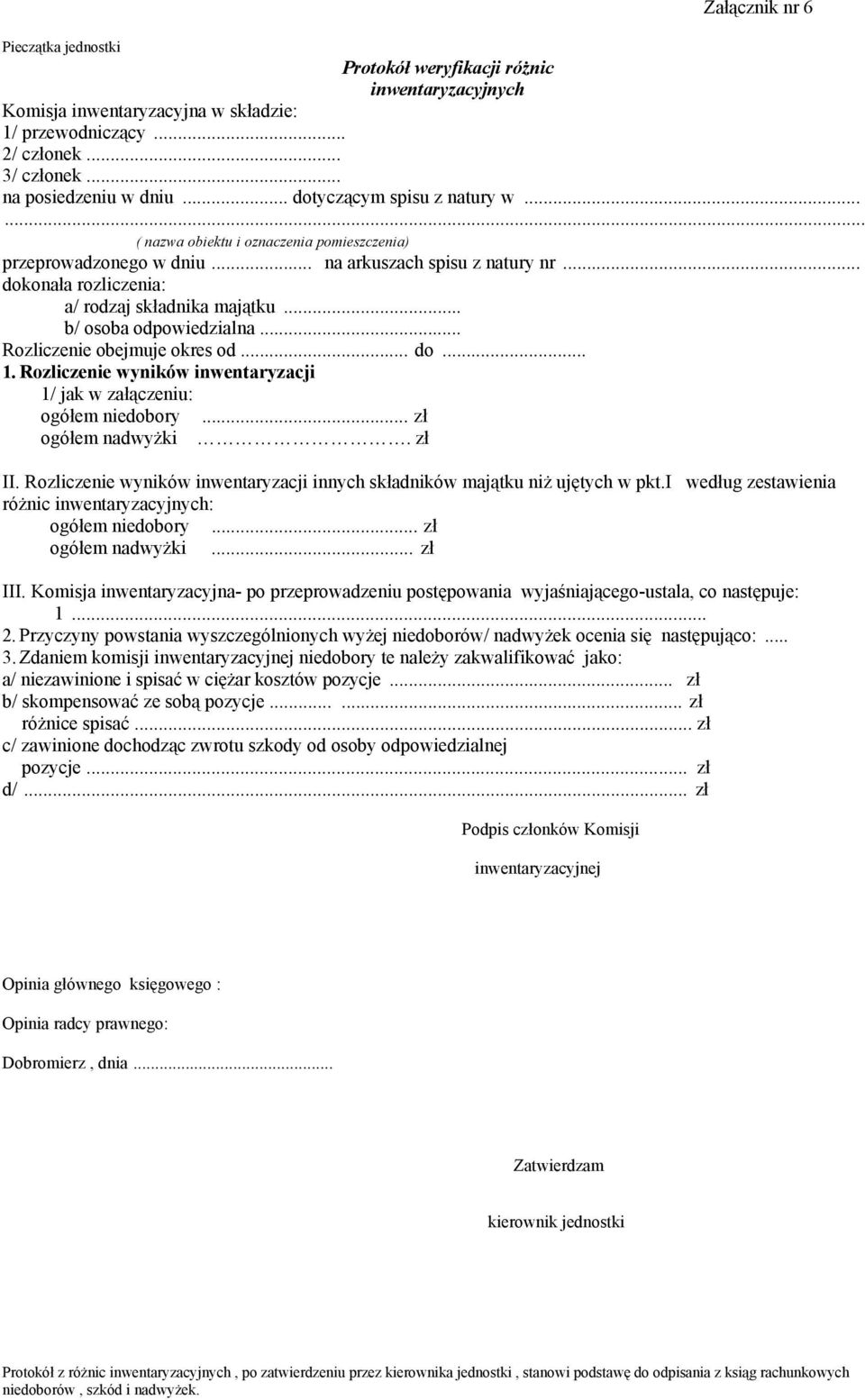 .. b/ osoba odpowiedzialna... Rozliczenie obejmuje okres od... do... 1. Rozliczenie wyników inwentaryzacji 1/ jak w załączeniu: ogółem niedobory... zł ogółem nadwyżki. zł II.