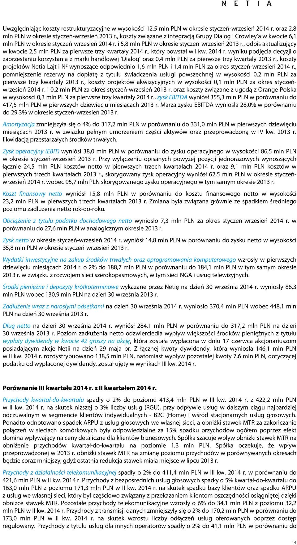 , dpis aktualizujący w kwcie 2,5 mln PLN za pierwsze trzy kwartały r., który pwstał w I kw. r. wyniku pdjęcia decyzji zaprzestaniu krzystania z marki handlwej Dialg raz 0,4 mln PLN za pierwsze trzy kwartały r.