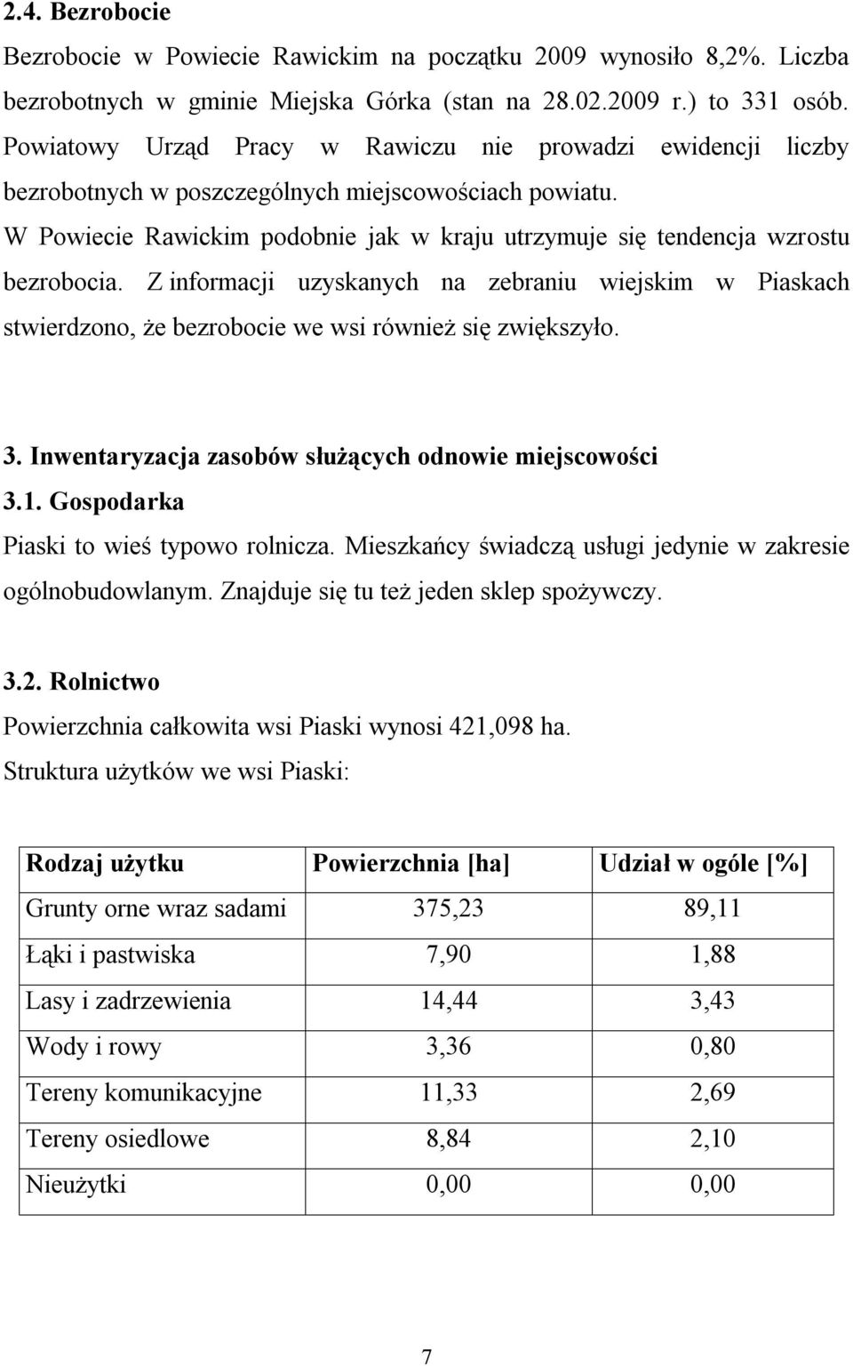 W Powiecie Rawickim podobnie jak w kraju utrzymuje się tendencja wzrostu bezrobocia. Z informacji uzyskanych na zebraniu wiejskim w Piaskach stwierdzono, że bezrobocie we wsi również się zwiększyło.