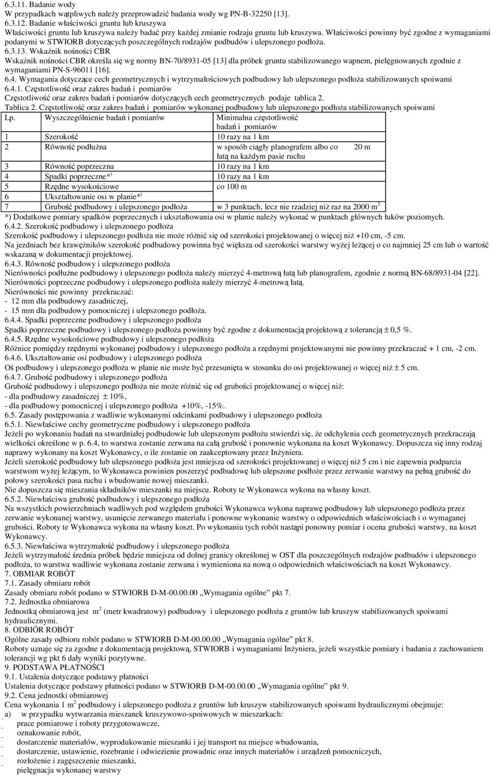 Właciwoci powinny by zgodne z wymaganiami podanymi w STWIORB dotyczcych poszczególnych rodzajów podbudów i ulepszonego podłoa. 6.3.13.