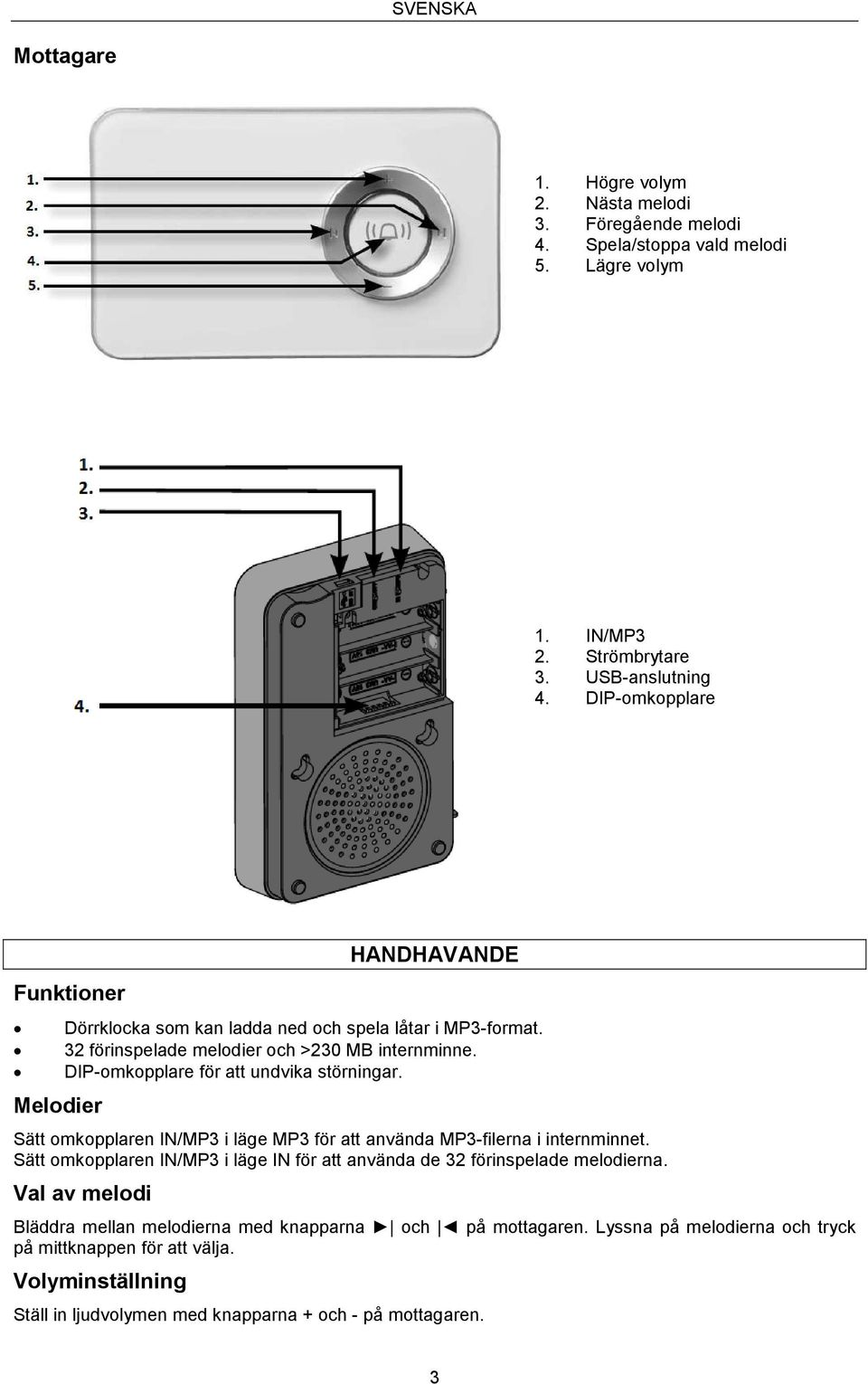 DIP-omkopplare för att undvika störningar. Sätt omkopplaren IN/MP3 i läge MP3 för att använda MP3-filerna i internminnet.