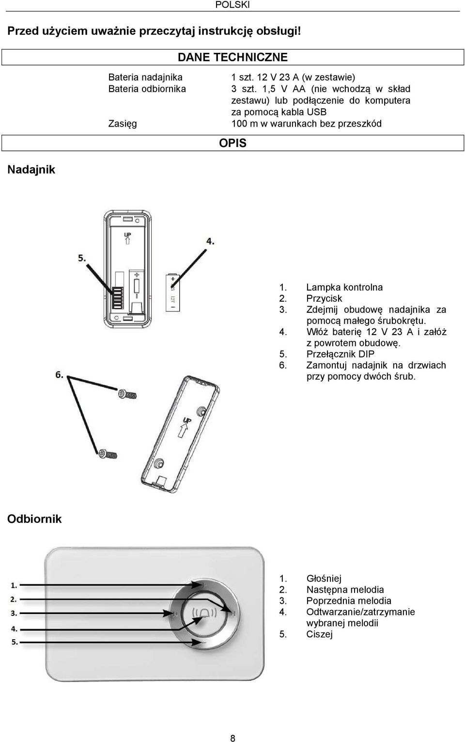 1,5 V AA (nie wchodzą w skład zestawu) lub podłączenie do komputera za pomocą kabla USB 100 m w warunkach bez przeszkód OPIS Nadajnik 1. Lampka kontrolna 2.