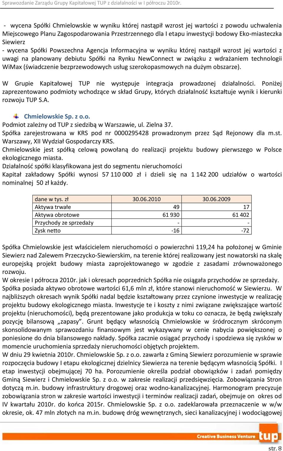 (świadczenie bezprzewodowych usług szerokopasmowych na dużym obszarze). W Grupie Kapitałowej TUP nie występuje integracja prowadzonej działalności.