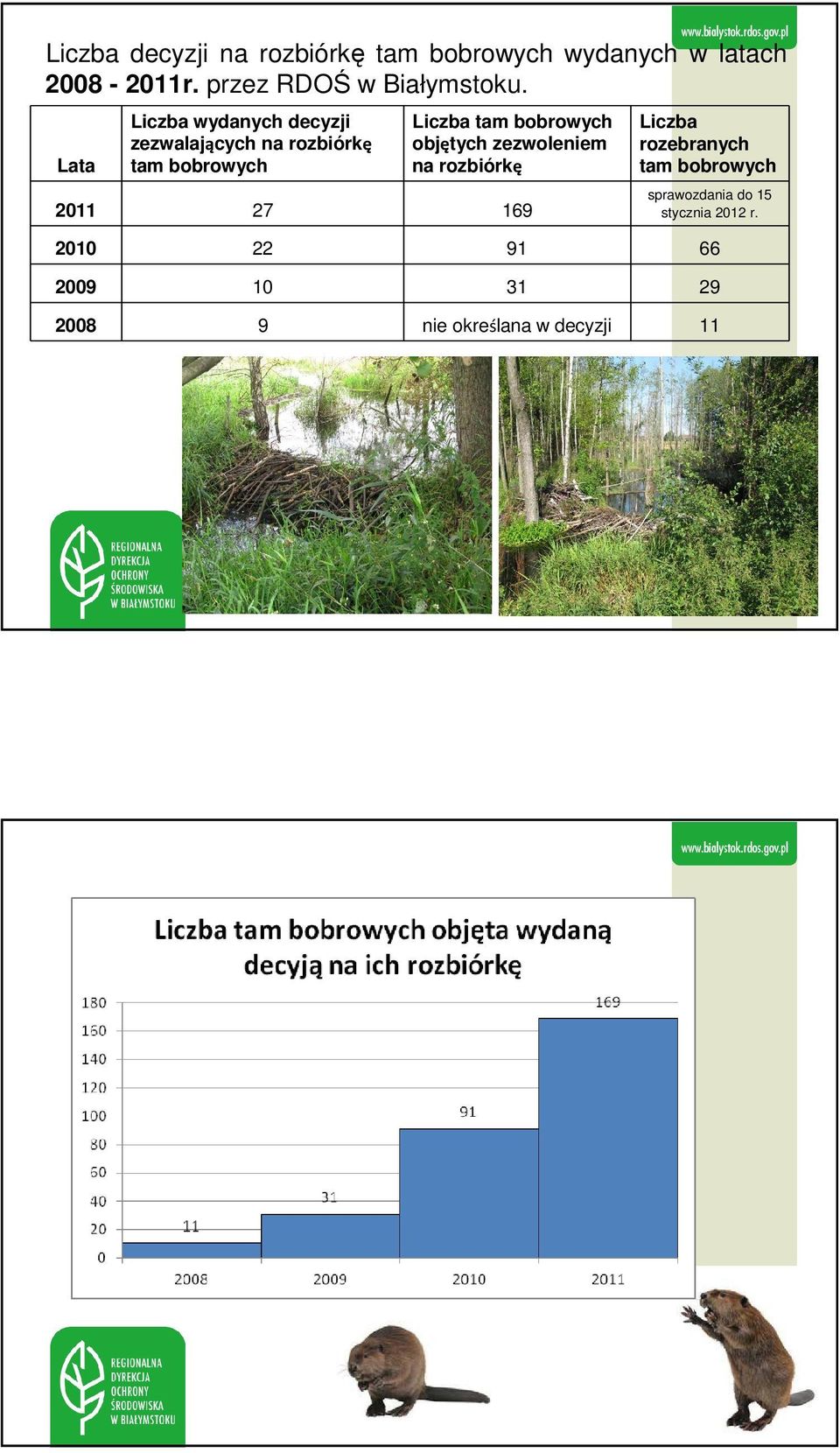 Lata Liczba wydanych decyzji zezwalających na rozbiórkę tam bobrowych Liczba tam bobrowych