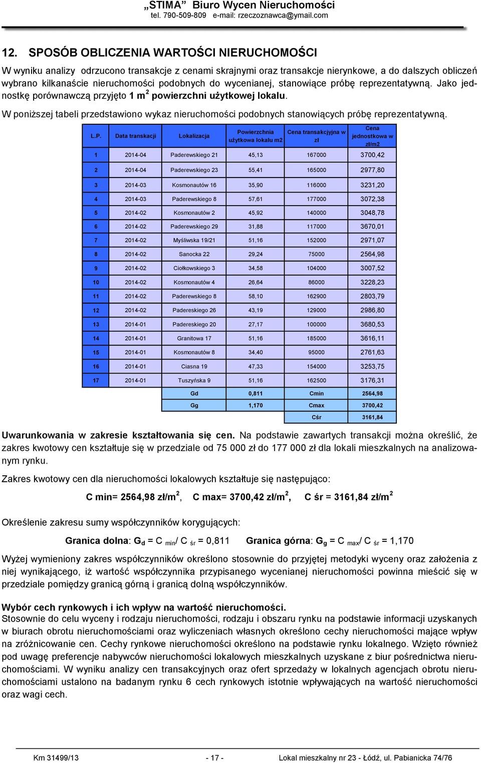 stnowiące próbę reprezenttywną. Jko jed nostkę porównwczą przyjęto 1 m powierzchni użytkowej loklu. W poniższej tbeli przedstwiono wykz nieruchomości podobnych stnowiących próbę reprezenttywną.