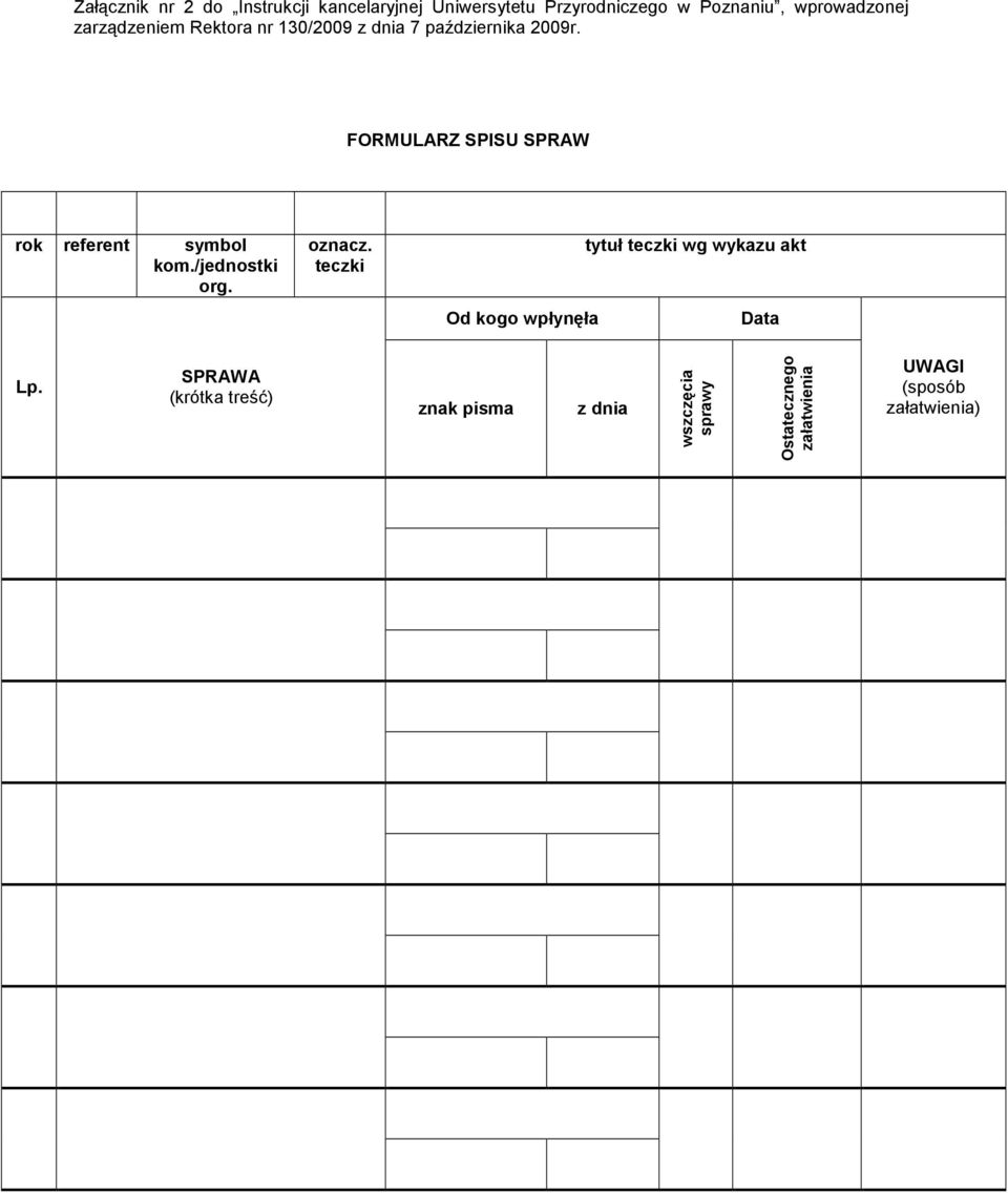 FORMULARZ SPISU SPRAW rok referent symbol kom./jednostki org. oznacz.