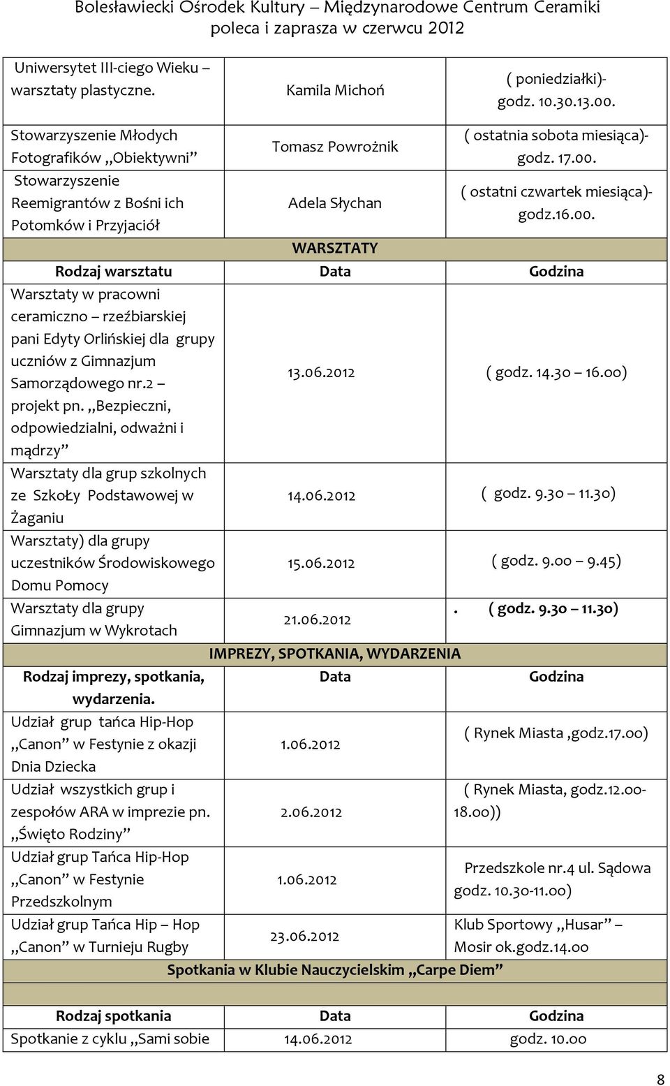 ( ostatni czwartek miesiąca)- godz.16.00. Rodzaj warsztatu Data Godzina Warsztaty w pracowni ceramiczno rzeźbiarskiej pani Edyty Orlińskiej dla grupy uczniów z Gimnazjum Samorządowego nr.2 projekt pn.