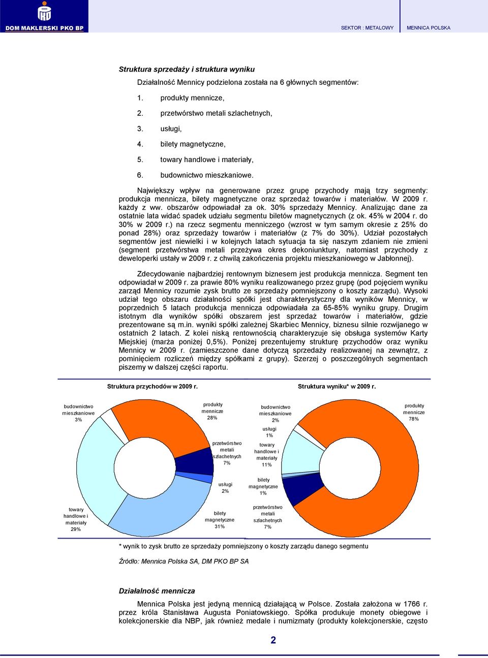 Największy wpływ na generowane przez grupę przychody mają trzy segmenty: produkcja mennicza, bilety magnetyczne oraz sprzedaŝ towarów i materiałów. W 2009 r. kaŝdy z ww. obszarów odpowiadał za ok.