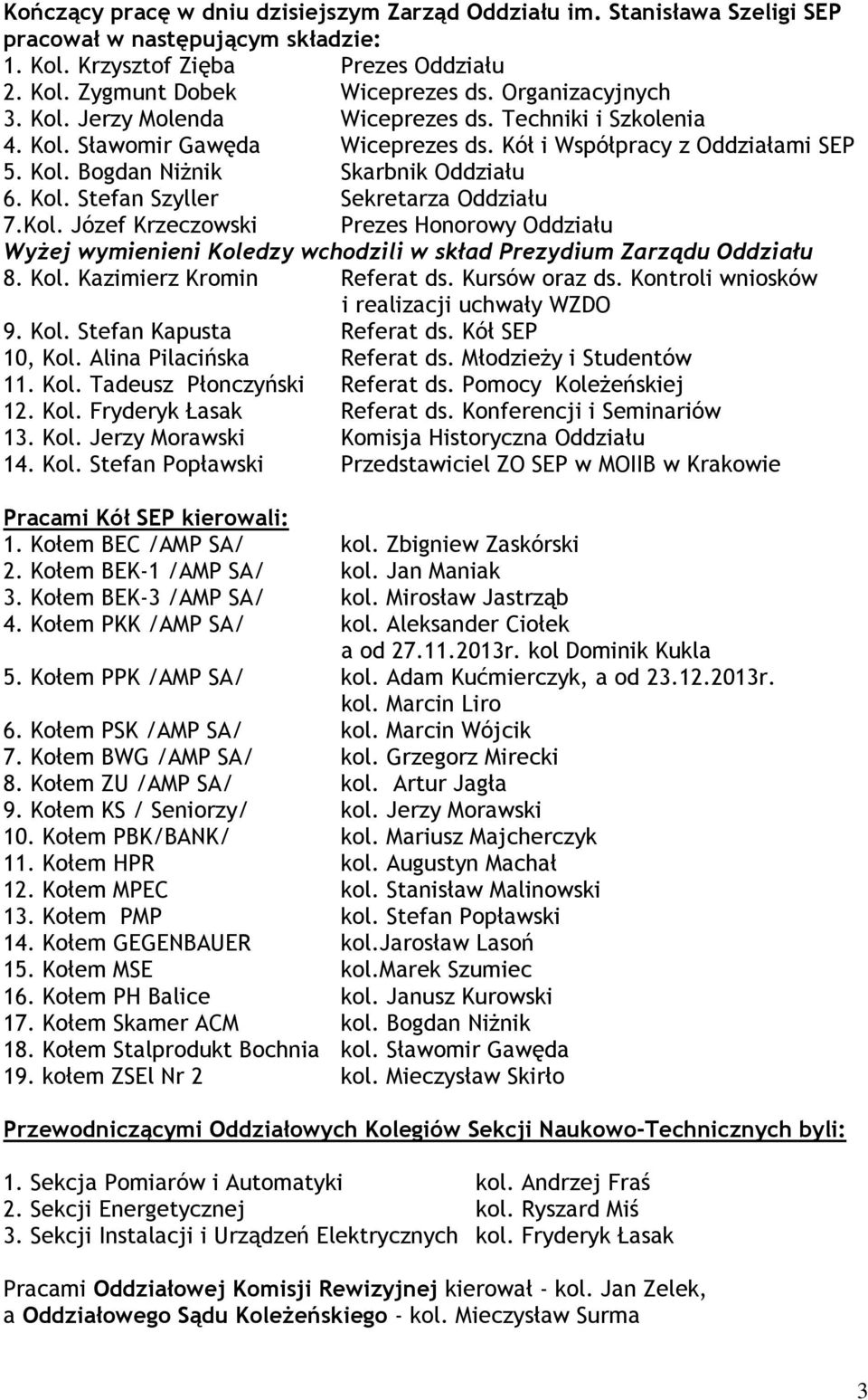 Kol. Józef Krzeczowski Prezes Honorowy Oddziału Wyżej wymienieni Koledzy wchodzili w skład Prezydium Zarządu Oddziału 8. Kol. Kazimierz Kromin Referat ds. Kursów oraz ds.