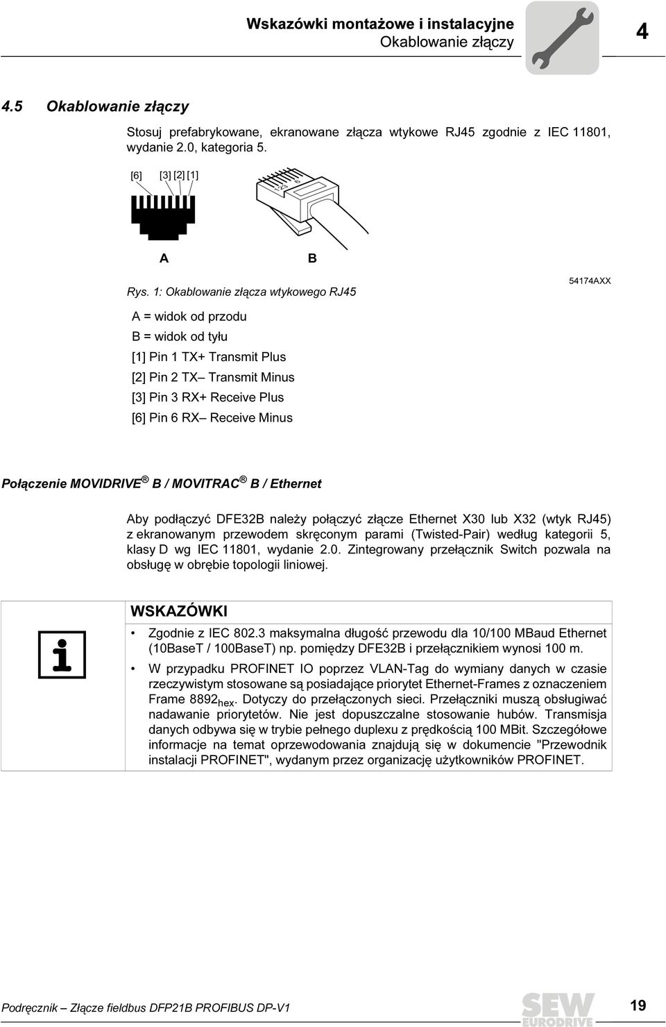 1: Okablowanie złącza wtykowego RJ45 54174AXX A = widok od przodu B = widok od tyłu [1] Pin 1 TX+ Transmit Plus [2] Pin 2 TX Transmit Minus [3] Pin 3 RX+ Receive Plus [6] Pin 6 RX Receive Minus