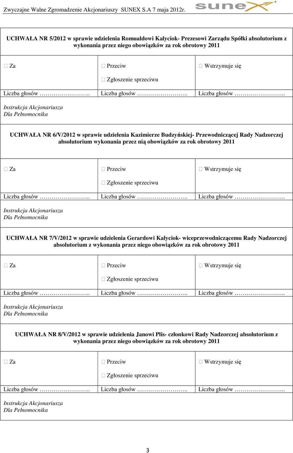 2011 UCHWAŁA NR 7/V/2012 w sprawie udzielenia Gerardowi Kalyciok- wiceprzewodniczącemu Rady Nadzorczej absolutorium z wykonania przez niego obowiązków za rok