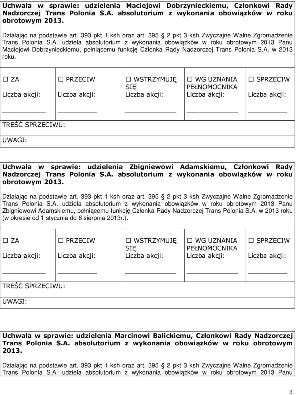 Uchwała w sprawie: udzielenia Zbigniewowi Adamskiemu, Członkowi Rady Nadzorczej Trans Polonia S.A. absolutorium z wykonania obowiązków w roku obrotowym 2013.
