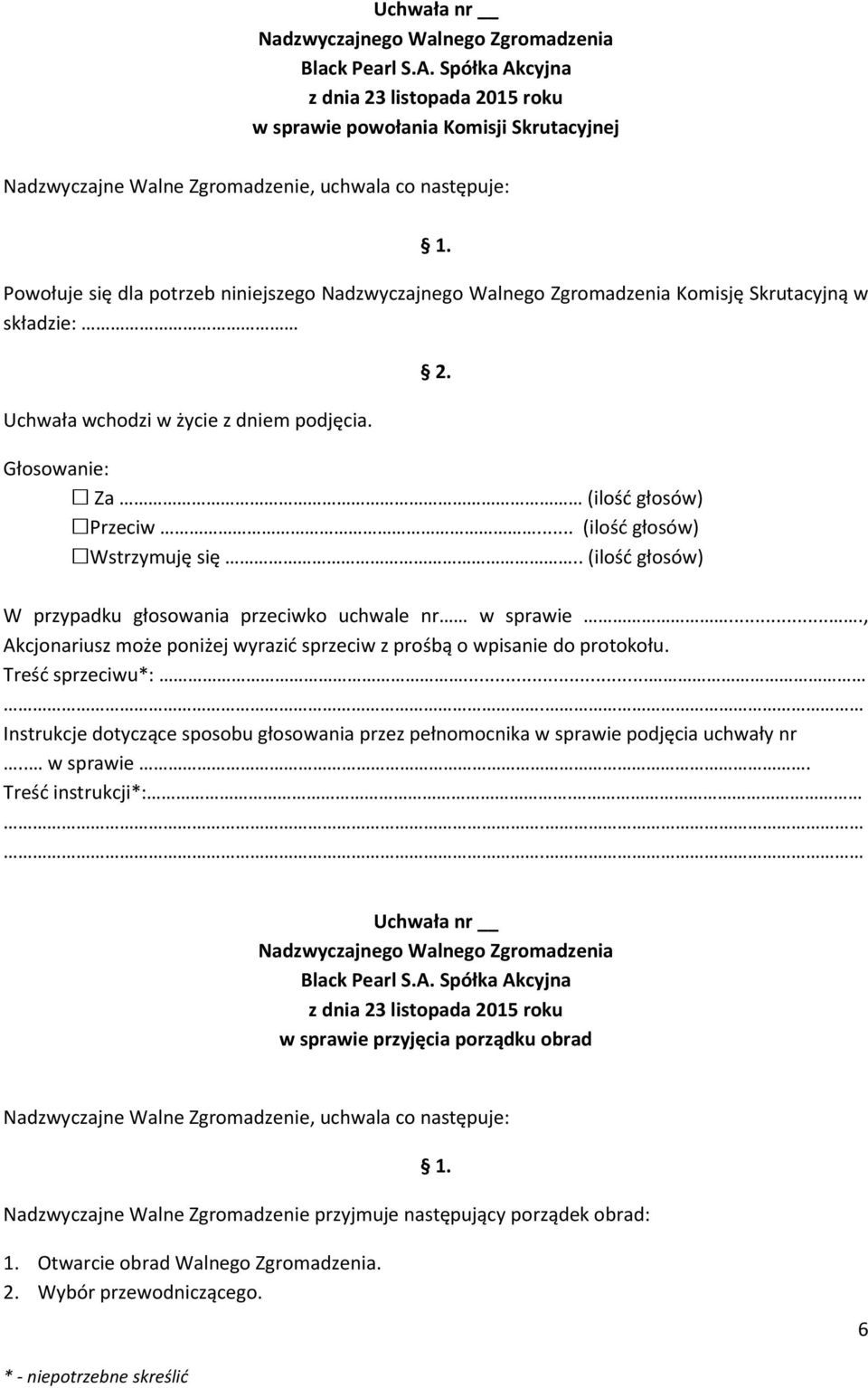 W przypadku głosowania przeciwko uchwale nr w sprawie.