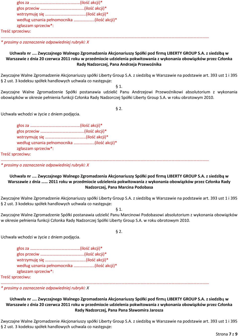 Warszawie z dnia 2011 roku w przedmiocie udzielenia pokwitowania z wykonania obowiązków przez Członka Rady Nadzorczej, Pana Marcina Podobasa Zwyczajne Walne Zgromadzenie