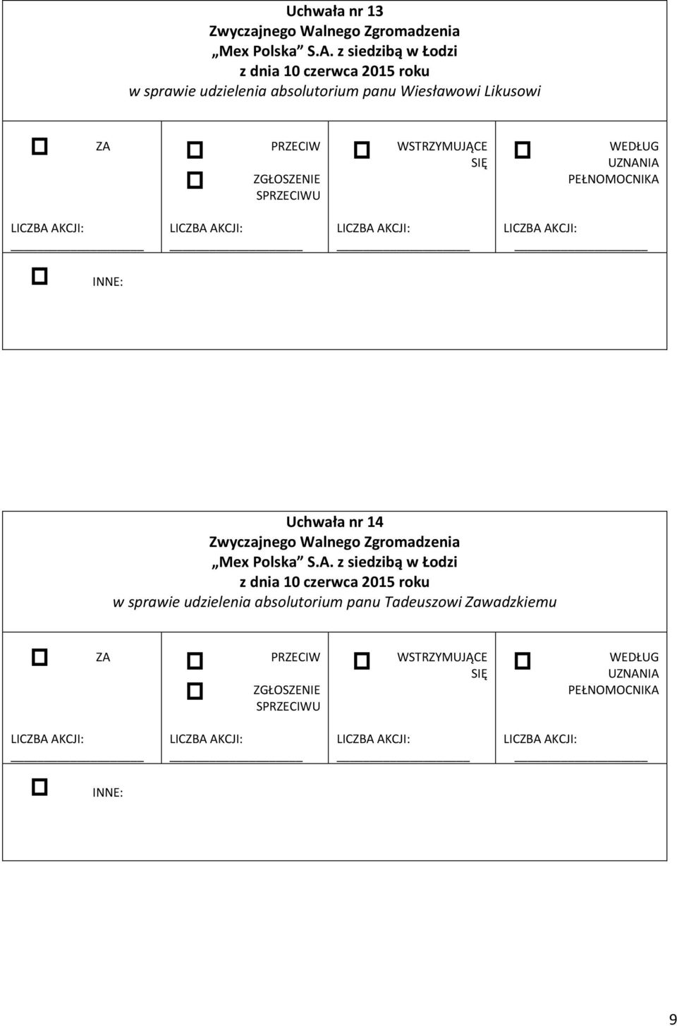 SU Uchwała nr 14 w sprawie udzielenia