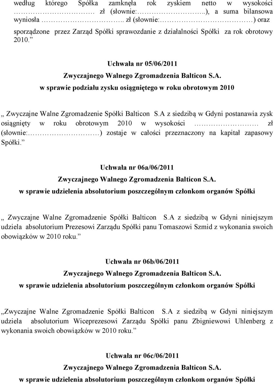 Uchwała nr 05/06/2011 w sprawie podziału zysku osiągniętego w roku obrotowym 2010 Zwyczajne Walne Zgromadzenie Spółki Balticon S.