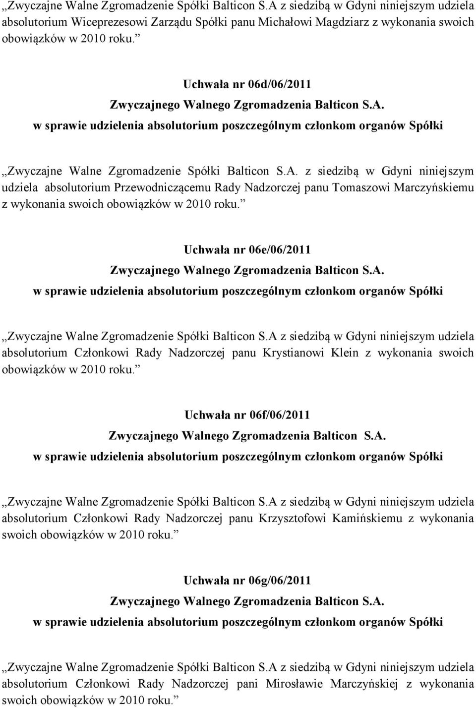 z siedzibą w Gdyni niniejszym udziela absolutorium Przewodniczącemu Rady Nadzorczej panu Tomaszowi Marczyńskiemu z wykonania swoich obowiązków w 2010 roku.