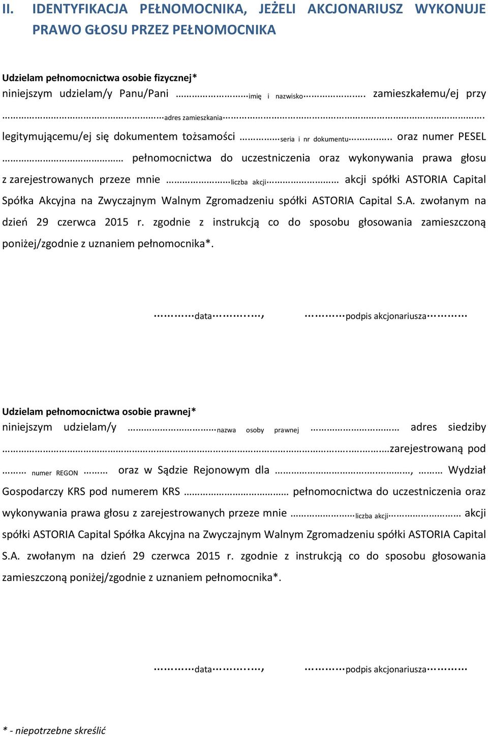 ... oraz numer PESEL pełnomocnictwa do uczestniczenia oraz wykonywania prawa głosu z zarejestrowanych przeze mnie liczba akcji akcji spółki ASTORIA Capital Spółka Akcyjna na Zwyczajnym Walnym