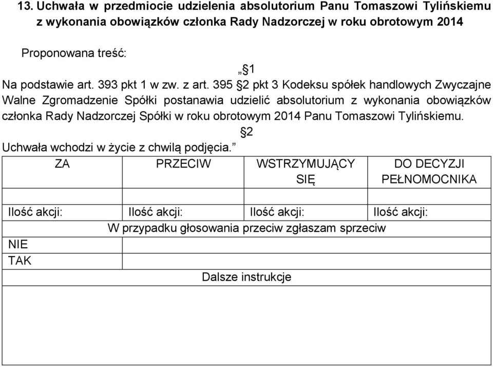 395 pkt 3 Kodeksu spółek handlowych Zwyczajne Walne Zgromadzenie Spółki postanawia udzielić