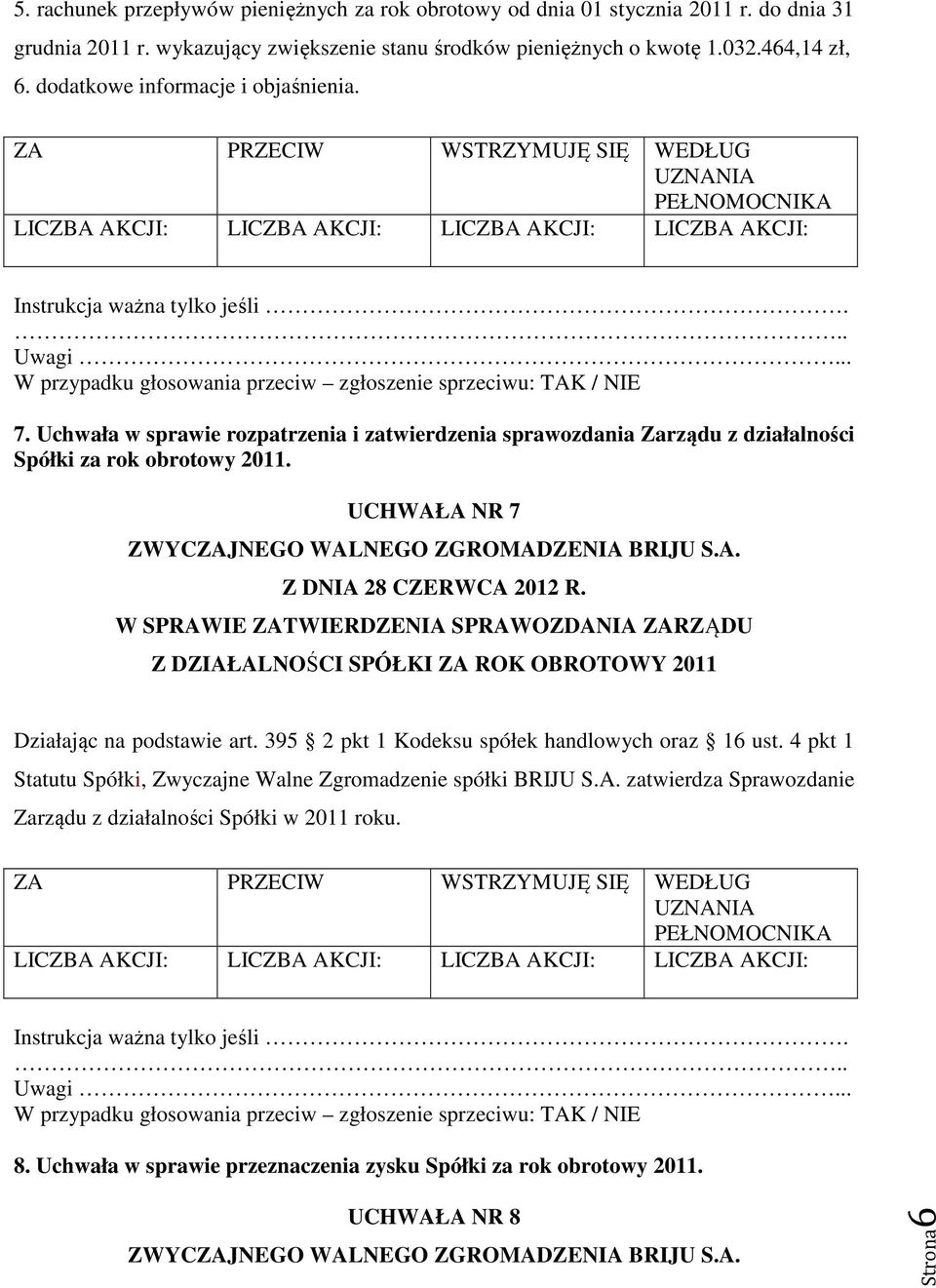 UCHWAŁA NR 7 W SPRAWIE ZATWIERDZENIA SPRAWOZDANIA ZARZĄDU Z DZIAŁALNOŚCI SPÓŁKI ZA ROK OBROTOWY 2011 Działając na podstawie art. 395 2 pkt 1 Kodeksu spółek handlowych oraz 16 ust.