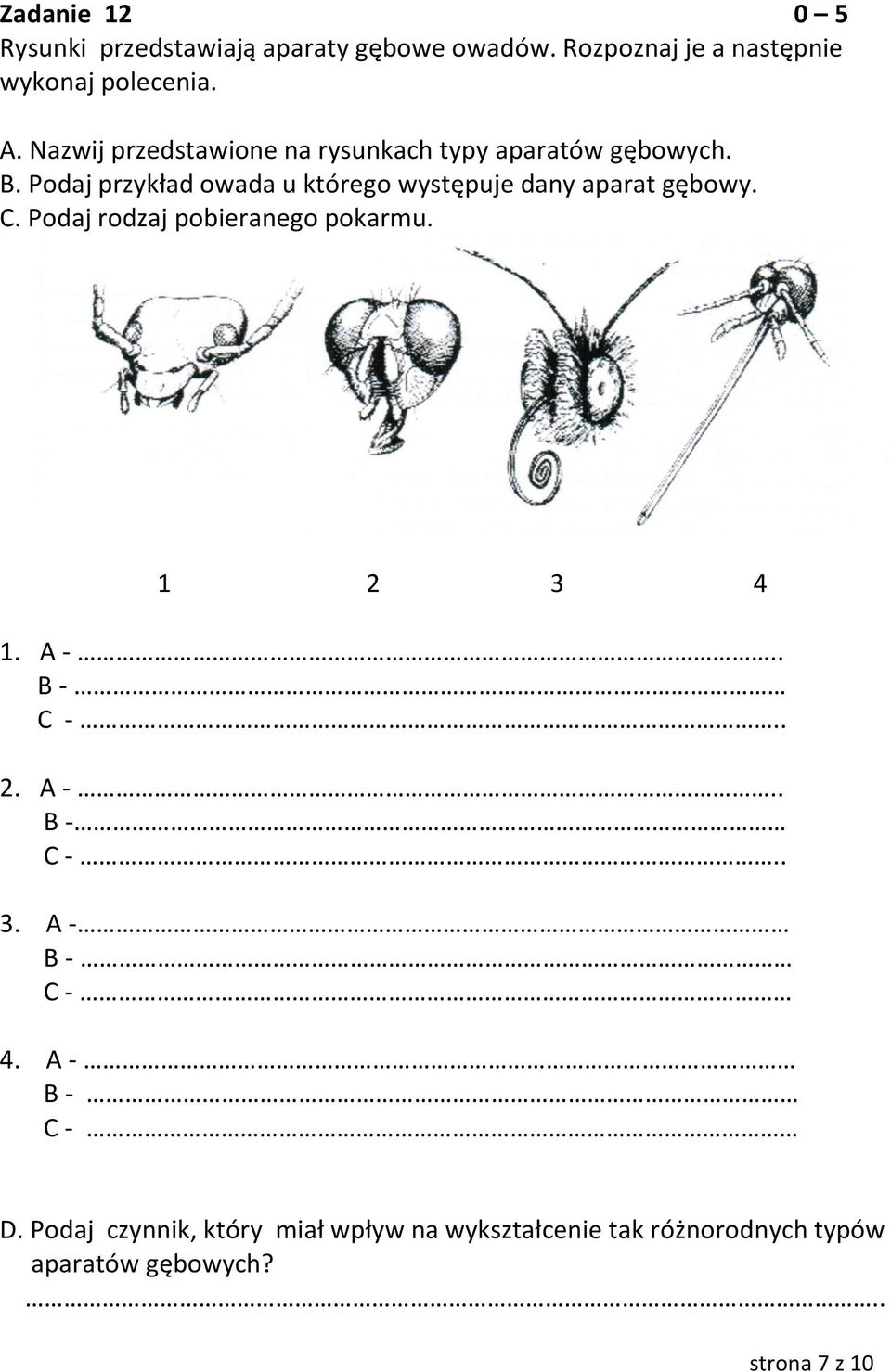 Podaj przykład owada u którego występuje dany aparat gębowy. C. Podaj rodzaj pobieranego pokarmu. 1 2 3 4 1. A -.