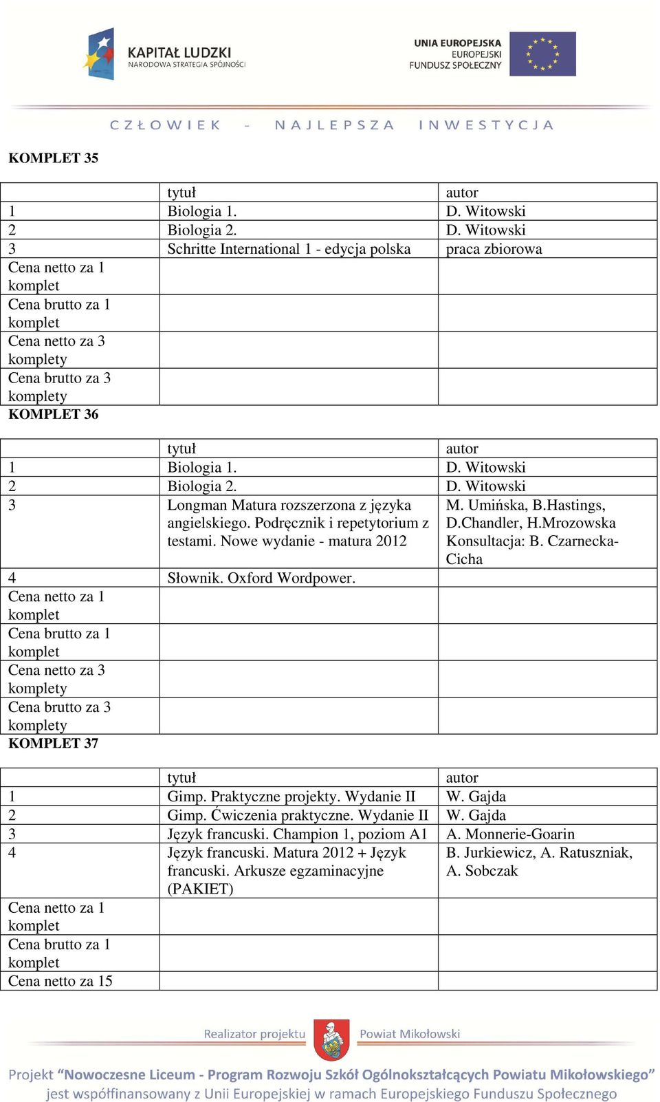 D. Witowski 2 Biologia 2. D. Witowski 3 Longman Matura rozszerzona z języka 4 Słownik. Oxford Wordpower.