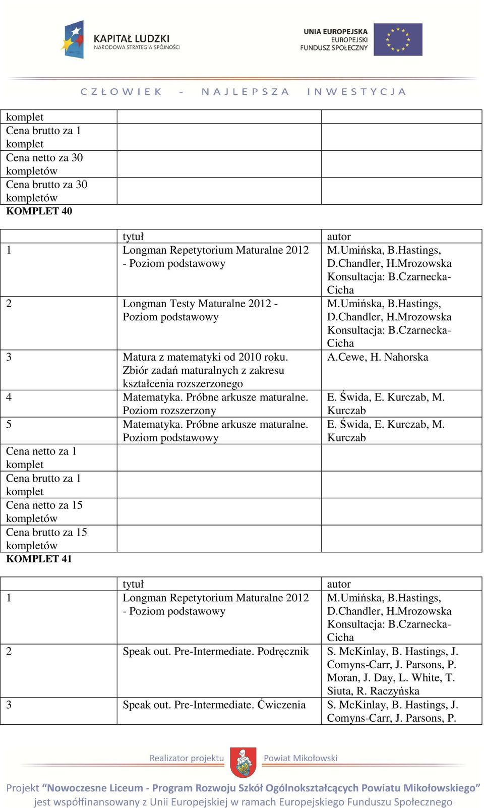 Hastings, Konsultacja: B.Czarnecka- M.Umińska, B.Hastings, Konsultacja: B.Czarnecka- E. Świda, E. Kurczab, M. Kurczab E. Świda, E. Kurczab, M. Kurczab 1 Longman Repetytorium Maturalne 2012 - Poziom podstawowy M.