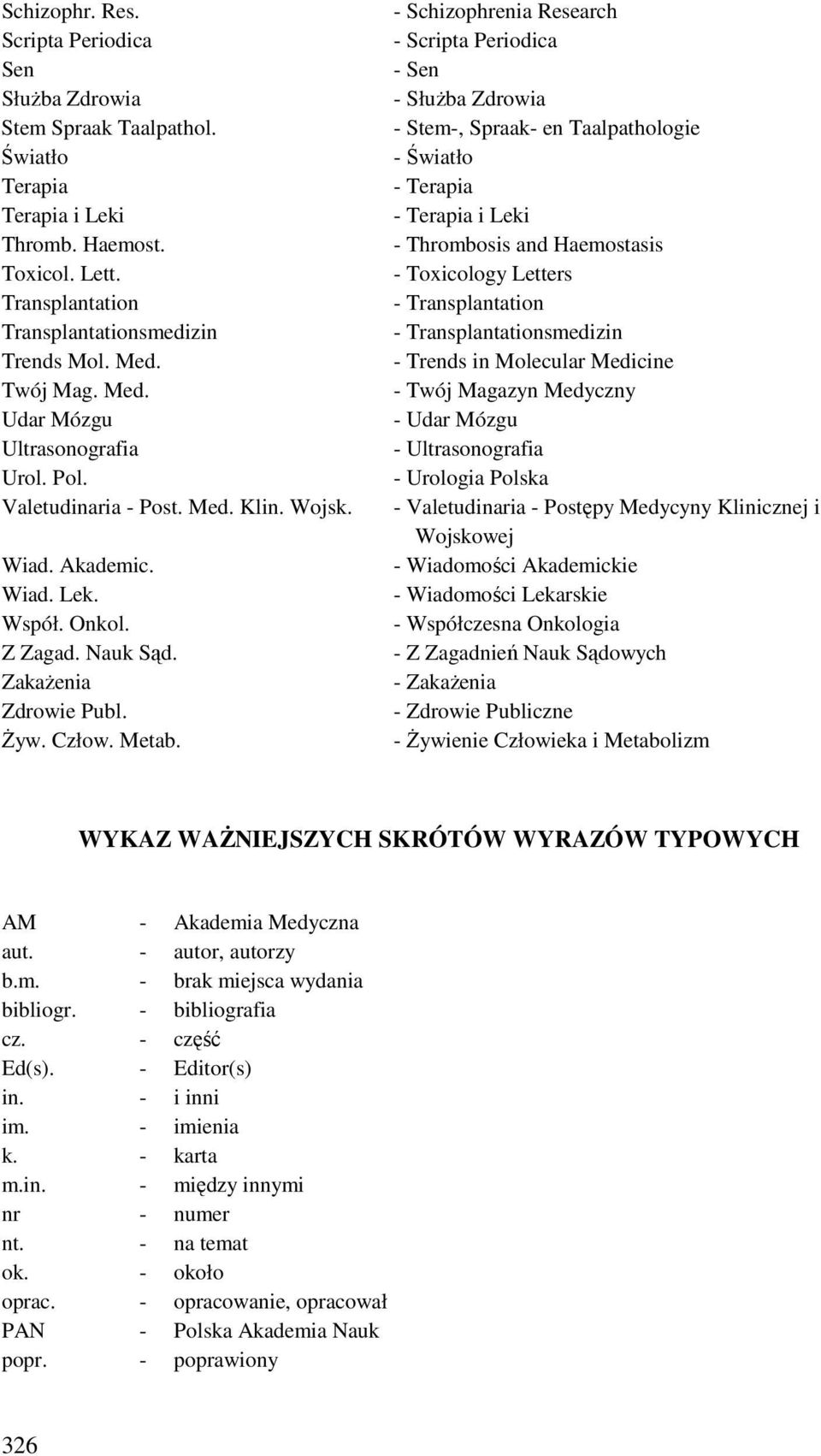 - Schizophrenia Research - Scripta Periodica - Sen - SłuŜba Zdrowia - Stem-, Spraak- en Taalpathologie - Światło - Terapia - Terapia i Leki - Thrombosis and Haemostasis - Toxicology Letters -