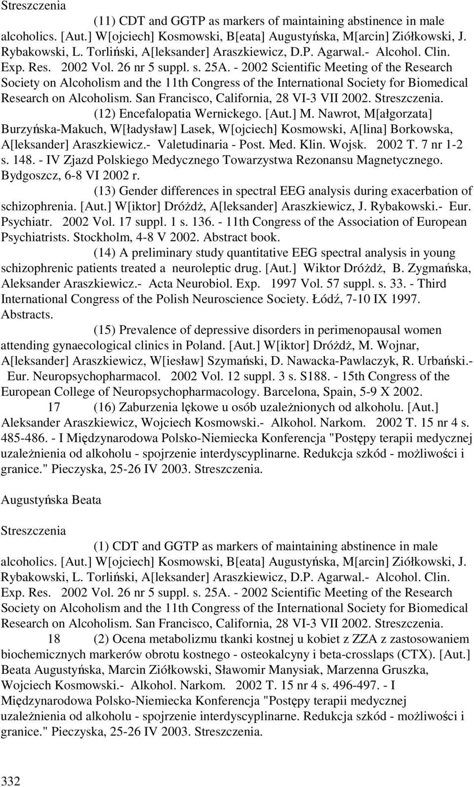 - 2002 Scientific Meeting of the Research Society on Alcoholism and the 11th Congress of the International Society for Biomedical Research on Alcoholism. San Francisco, California, 28 VI-3 VII 2002.